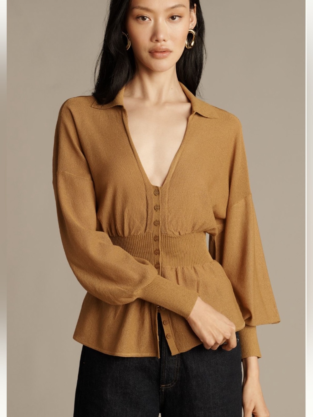 Anthropologie Long-Sleeve V-Neck Waisted Sweater Medium NWT